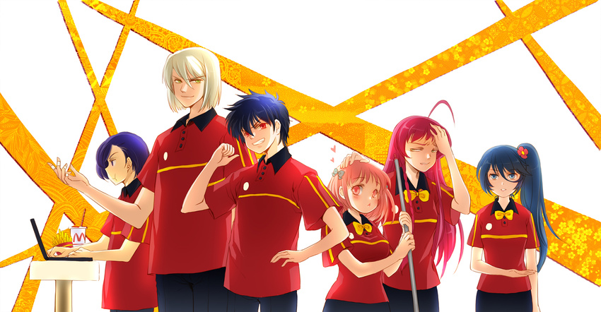 3girls ahoge ashiya_shirou black_hair blue_eyes brown_hair computer employee_uniform fast_food_uniform hand_on_forehead hand_on_head hataraku_maou-sama! highres huazha01 kamazuki_suzuno laptop long_hair maou_sadao multiple_boys multiple_girls polo_shirt purple_eyes purple_hair red_eyes red_hair ribbon sasaki_chiho short_hair short_twintails side_ponytail simple_background twintails uniform urushihara_hanzou white_hair yellow_eyes yusa_emi