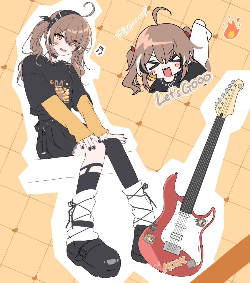 &gt;_&lt; 1girl :d absurdres ahoge alternate_costume arm_up asymmetrical_legwear bat_wings belt berry black_choker black_hairband black_nails black_shirt black_skirt brown_eyes brown_hair character_name chibi choker crossed_bangs double-parted_bangs electric_guitar emo_fashion english_text fender_stratocaster fire friend_(nanashi_mumei) guitar hairband heart highres hololive hololive_english hooman_(nanashi_mumei) hootsie_(nanashi_mumei) instrument kneehighs layered_sleeves long_sleeves looking_at_viewer loose_socks multicolored_hair multiple_views nanashi_mumei platform_footwear pleated_skirt print_shirt punk shirt short_over_long_sleeves short_sleeves simple_background single_kneehigh single_sock single_thighhigh skirt sleeves_past_wrists smile socks star_(symbol) sticker sticker_on_face streaked_hair t-shirt thighhighs twintails virtual_youtuber white_socks wings xx_tk9 yellow_background yellow_shirt
