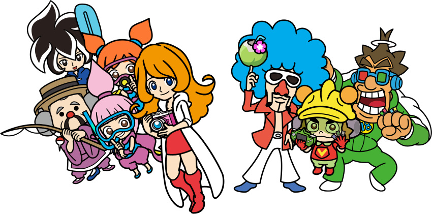 18-volt 3girls 5boys 9-volt ana_(warioware) big_nose black_hair blue_hair brown_hair camera coat double_bun dress facial_hair fishing_rod green_pants hair_bun hat helmet highres holding holding_camera holding_fishing_rod jacket jimmy_t kat_(warioware) long_hair looking_at_viewer master_mantis mona_(warioware) multiple_boys multiple_girls mustache official_art open_clothes open_jacket orange_hair pants pink_hair red_dress red_footwear red_jacket red_nose scuba_gear smile sunglasses third-party_source tinted_eyewear track_pants track_suit warioware warioware:_move_it! white_coat white_pants young_cricket