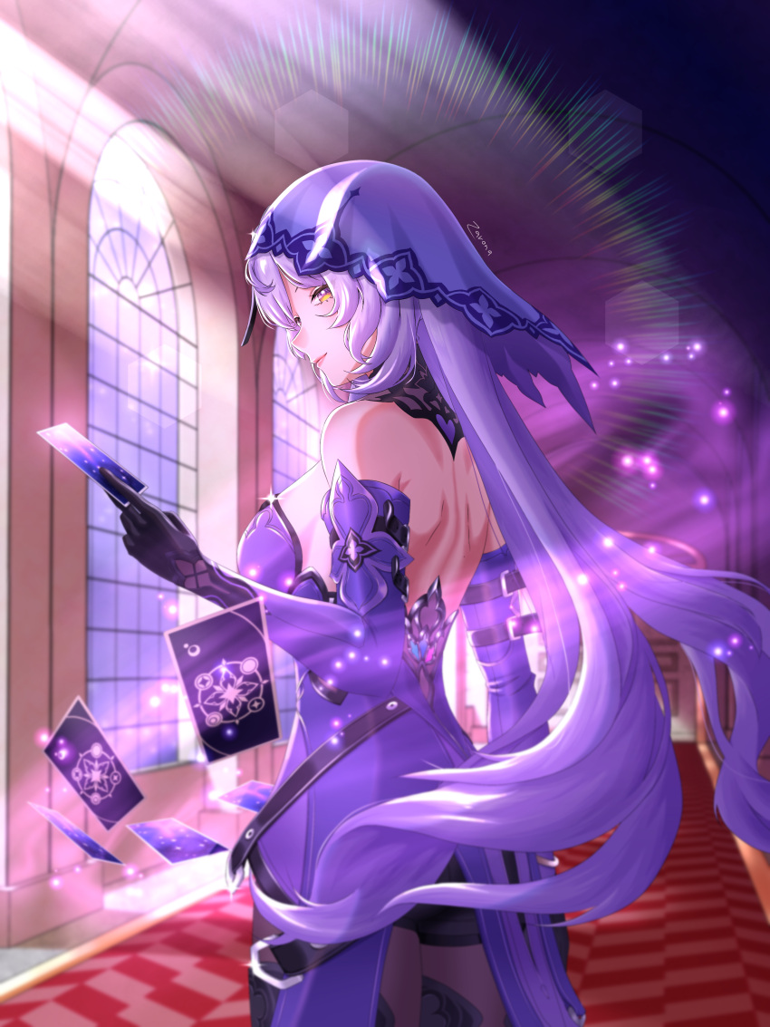 1girl absurdres arm_belt backless_dress backless_outfit bare_back bare_shoulders black_gloves black_swan_(honkai:_star_rail) breasts card commentary cowboy_shot dress gloves highres holding holding_card honkai:_star_rail honkai_(series) large_breasts long_hair looking_at_viewer purple_dress purple_hair smile solo standing veil very_long_hair window yellow_eyes zarona