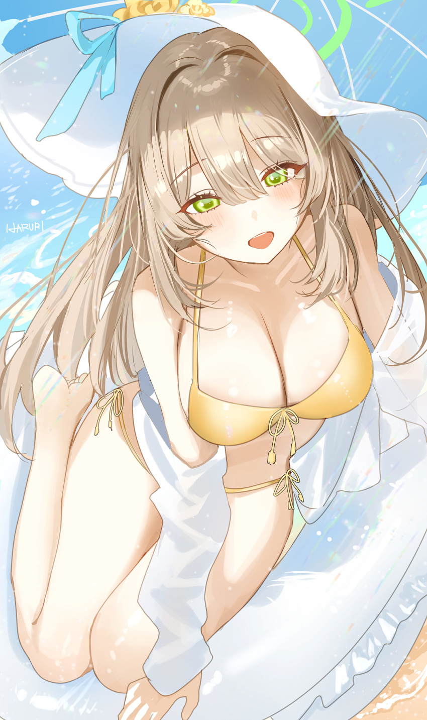1girl bikini blue_archive blush breasts cleavage green_eyes green_halo halo haruri hat highres large_breasts light_brown_hair long_hair looking_at_viewer nonomi_(blue_archive) nonomi_(swimsuit)_(blue_archive) open_mouth smile solo swimsuit white_headwear yellow_bikini