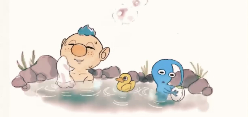 alph_(pikmin) black_eyes blue_hair blue_pikmin blue_skin bud collarbone colored_skin commentary_request freckles ginii grass holding holding_towel male_focus onsen parade pikmin_(series) ripples rock rubber_duck short_hair simple_background smile steam sweat topless_male towel triangle_mouth very_short_hair white_background wiping_face