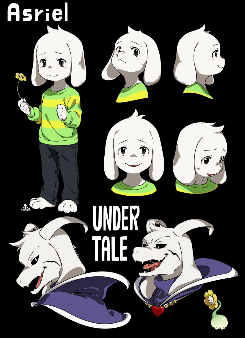 &gt;:) 2boys absurdres animal_ears asriel_dreemurr barefoot black_background black_eyes black_sclera cel_shading character_name child colored_sclera commentary copyright_name cropped_head dual_persona evil_smile expressions facial_mark fangs fewer_digits floppy_ears flower flowey_(undertale) from_side frown full_body furry furry_male goat_boy goat_ears goat_horns green_shirt highres holding holding_flower horns kamezaemon long_sleeves looking_at_viewer male_focus multiple_boys multiple_views open_mouth shirt simple_background skin_fangs slit_pupils smile standing striped_clothes striped_shirt sweatdrop tareme undertale v-shaped_eyebrows white_eyes yellow_flower