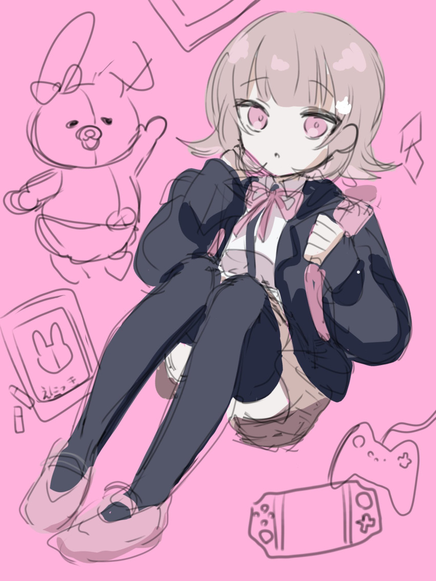 1girl :o alternate_hair_ornament backpack bag black_jacket black_thighhighs brown_hair brown_skirt danganronpa_(series) danganronpa_2:_goodbye_despair flipped_hair highres jacket knees_up long_sleeves medium_hair monomi_(danganronpa) nabi_(mabinabi0625) nanami_chiaki neck_ribbon open_clothes open_jacket pink_background pink_eyes pink_ribbon ribbon shoes sketch skirt solo thighhighs