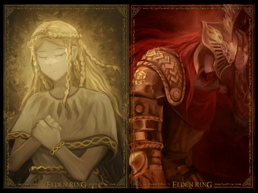 1boy 1girl amputee armor blonde_hair bracelet braid brother_and_sister cape closed_eyes closed_mouth covered_eyes crown_braid dress elden_ring gold_armor gold_bracelet gold_trim helmet helmet_over_eyes highres jewelry long_hair malenia_blade_of_miquella miquella_(elden_ring) multiple_braids prosthesis prosthetic_arm red_cape red_hair siblings side_braid side_braids temmaru1 triple_amputee tunic twin_braids twins wavy_hair white_tunic winged_helmet