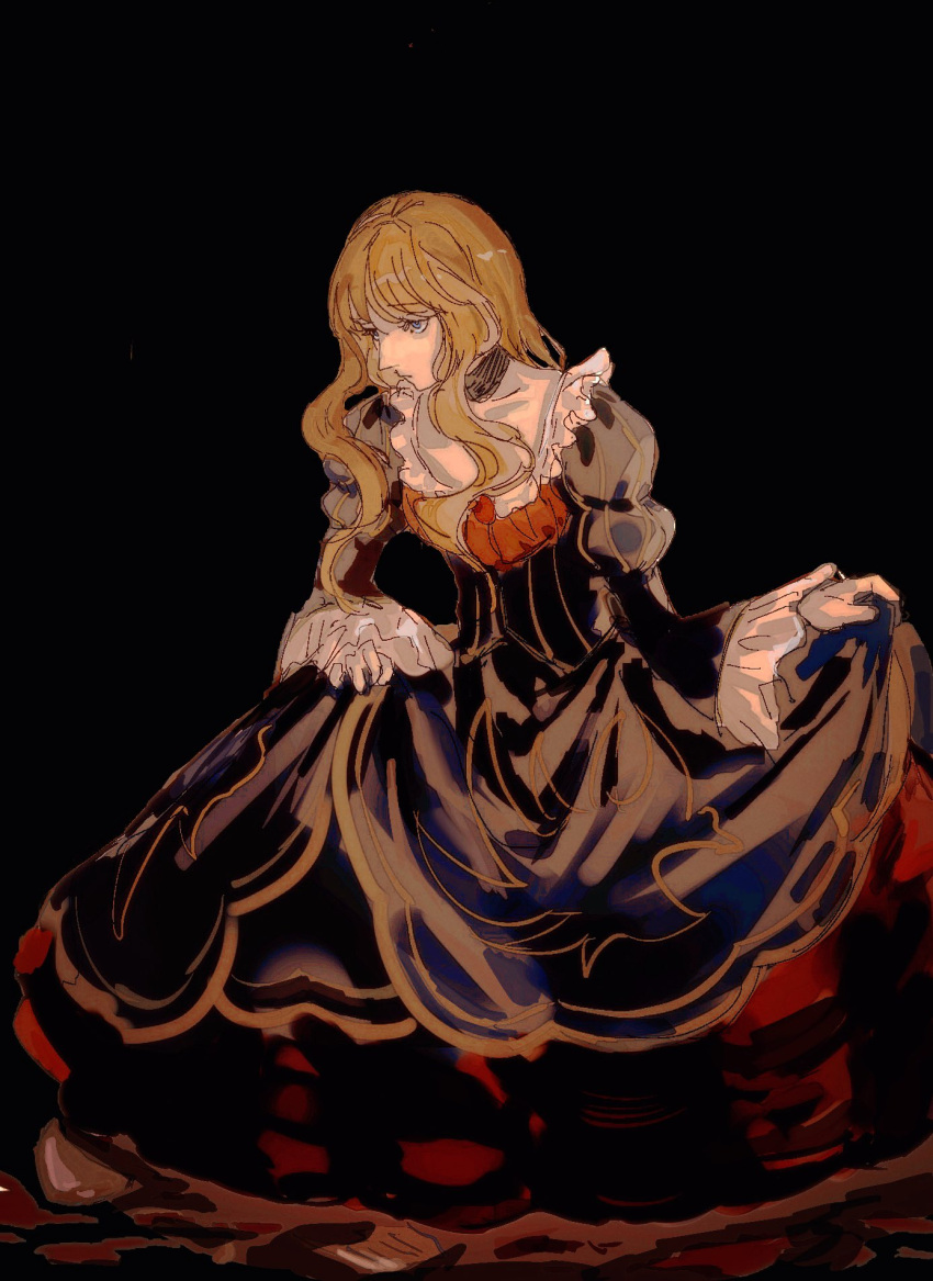 1girl ashashio beatrice_(umineko) black_dress blonde_hair blue_eyes choker dress frilled_dress frilled_sleeves frills highres long_hair simple_background skirt_hold solo umineko_no_naku_koro_ni