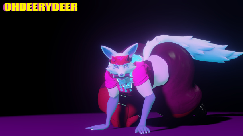 accessory anthro big_butt black_background blender_(software) blizzard_entertainment blue_body blue_fur butt canid canine curvy_figure female fox fur headband hi_res hyper kiriko_(overwatch) looking_at_viewer mammal ohdeerydeer overwatch simple_background solo thick_thighs voluptuous