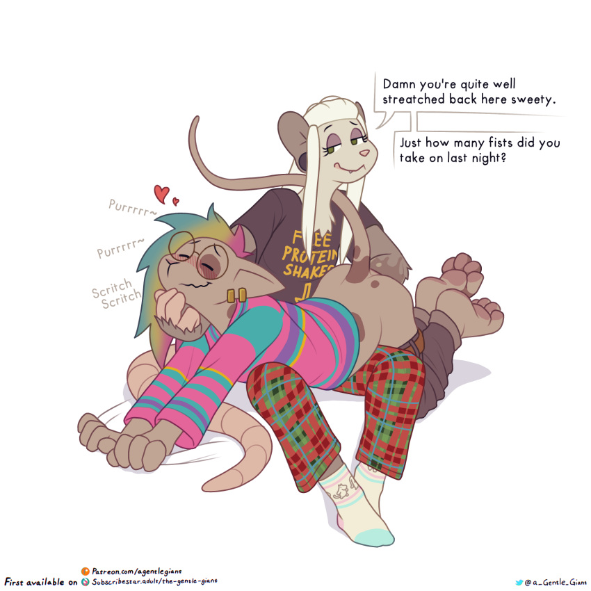 &lt;3 american_opossum anal anal_fisting anthro anthro_on_anthro anthro_penetrated anthro_penetrating anthro_penetrating_anthro blush chin_scratch daniela_idril domestic_cat duo english_text eyes_closed felid feline felis female female/female female_penetrated female_penetrating female_penetrating_female fisting fur grey_body grey_fur hair hairless hairless_cat hi_res interspecies mammal marsupial multicolored_hair olivia_idril penetration purring rainbow_hair sex simple_background smile sphynx_(cat) text the_gentle_giant toony trans_(lore) trans_woman_(lore) virginia_opossum white_background white_body white_fur white_hair