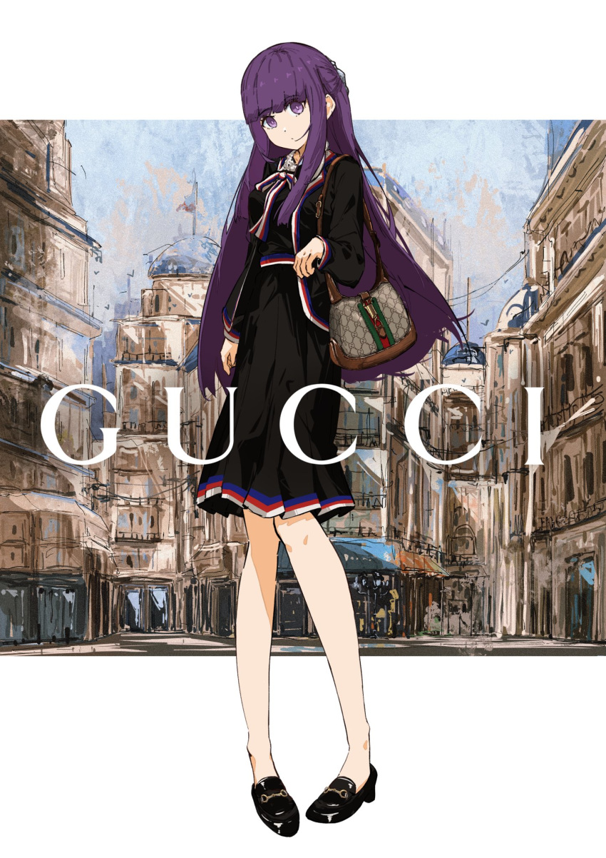 1girl alternate_costume bag black_dress black_footwear blue_ribbon brown_bag contemporary dress expressionless fern_(sousou_no_frieren) full_body gucci hand_up hashtag_only_commentary highres letterboxed loafers long_hair long_sleeves looking_at_viewer neck_ribbon outdoors product_placement purple_eyes purple_hair red_ribbon ribbon shoes shoulder_bag solo sousou_no_frieren standing striped_ribbon t.k.c white_ribbon