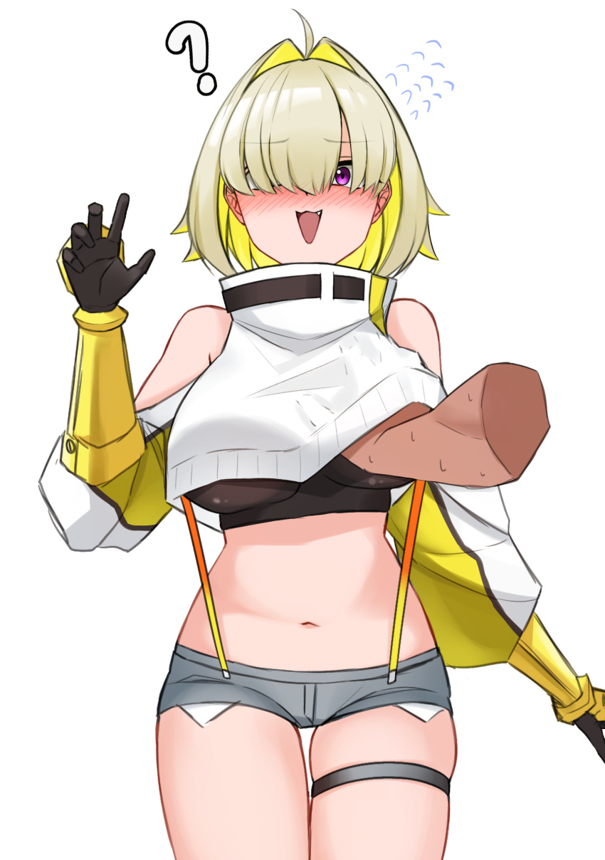 1boy 1girl ? ark9378 black_gloves blush breasts cropped_jacket disembodied_limb elegg_(nikke) flustered flying_sweatdrops gloves goddess_of_victory:_nikke grabbing grabbing_another's_breast hair_over_one_eye highres jacket large_breasts long_sleeves looking_at_viewer navel nose_blush purple_eyes short_shorts shorts simple_background standing sweat white_background white_jacket