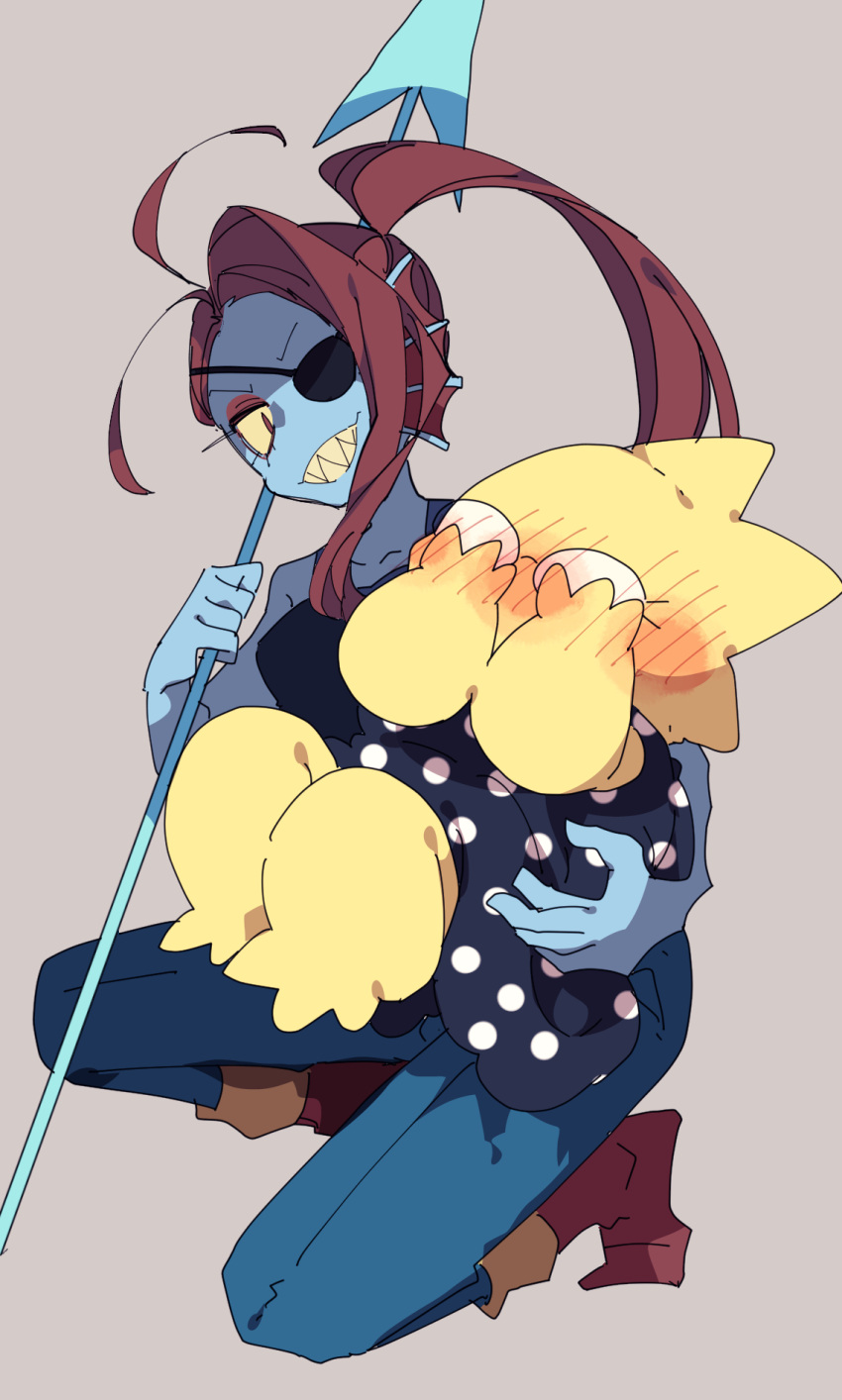 &gt;:) 2girls alphys ankle_boots antenna_hair blue_dress blue_skin blush boots brown_background carrying carrying_person colored_sclera colored_skin commentary covering_face denim dress eyepatch fewer_digits fins fish_girl from_side full-face_blush full_body furry furry_female glasses grin hands_on_own_face head_fins highres holding holding_polearm holding_weapon jeans knees_up long_hair multiple_girls nikorashi-ka on_one_knee one_eye_covered pants pink_eyes polearm polka_dot polka_dot_dress ponytail red_footwear red_hair reptile_girl sharp_teeth shy simple_background sketch slit_pupils smile spear swept_bangs teeth undertale undyne v-shaped_eyebrows weapon yellow_sclera yellow_skin yuri