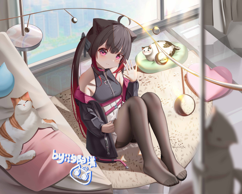 1girl absurdres ahoge animal_ears bare_shoulders black_bow black_coat black_hair black_pantyhose bow breasts cat cat_ears coat crescent_moon feet hair_bow head_tilt heart heart-shaped_pillow highres jewelry legs long_hair long_sleeves looking_at_viewer moon multicolored_hair necklace no_shoes off_shoulder pantyhose pillow pink_eyes pleated_skirt red_hair rug sidelocks sitting skirt small_breasts solo thighs twintails waving white_skirt window xi_yang_yang zipper