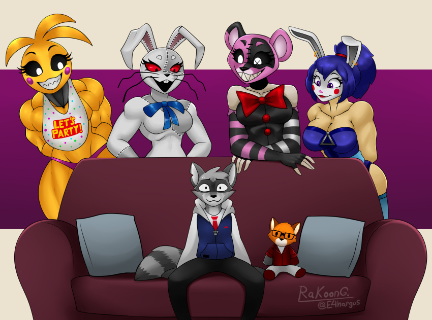 anthro avian bird chicken e4hargus female five_nights_at_freddy's five_nights_at_freddy's_2 furniture galliform gallus_(genus) group hi_res lagomorph leporid looking_at_viewer male mammal meme open_mouth phasianid piper_perri_surrounded procyonid rabbit raccoon red_eyes scottgames sofa toy_chica_(fnaf) vanny_(fnaf) whiskers