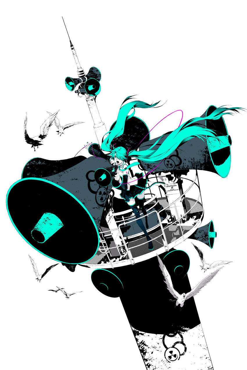 1girl absurdly_long_hair absurdres aqua_eyes aqua_hair aqua_necktie bare_shoulders bird black_skirt black_sleeves black_thighhighs detached_sleeves floating_hair full_body hair_ornament hair_over_one_eye hatsune_miku highres koi_wa_sensou_(vocaloid) legs limited_palette long_hair megaphone miniskirt miwa_shirow necktie official_art one_eye_covered open_mouth pleated_skirt radiation_symbol shirt sign simple_background skirt sleeveless sleeveless_shirt solo standing supercell thighhighs tower twintails very_long_hair vocaloid white_background white_shirt wide_shot zettai_ryouiki