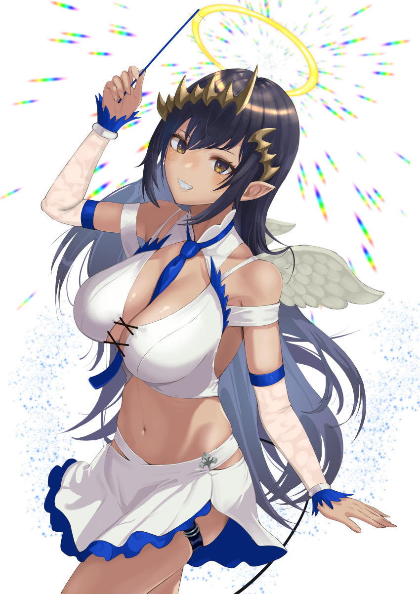 1girl absurdres arm_up between_breasts black_hair blue_necktie blush breasts brown_eyes cleavage commentary_request cowboy_shot crop_top detached_sleeves diffraction_spikes fake_wings grin halo highres holding holding_wand large_breasts long_hair looking_at_viewer medium_bangs midriff miniskirt nanashi_inc. navel necktie necktie_between_breasts pointy_ears rainbow sankyo_(821-scoville) see-through see-through_sleeves shimamura_charlotte shirt skirt skirt_set sleeveless sleeveless_shirt smile solo tan very_long_hair virtual_youtuber wand white_shirt white_skirt white_wings wings yellow_halo