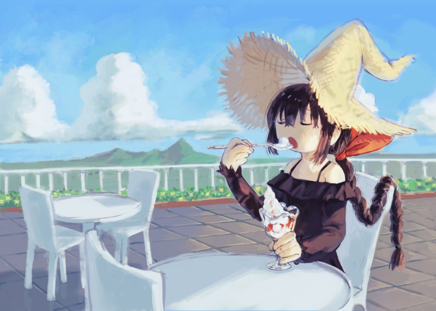 1girl back_hair bare_shoulders black_dress black_hair blue_sky bow braid brown_headwear chair closed_eyes cloud commentary_request cup day dress eating flower food hair_bow hat highres holding holding_spoon ice_cream kezuru long_hair long_sleeves mountain off-shoulder_dress off_shoulder on_chair open_mouth original outdoors railing red_bow single_braid sitting sky solo spoon straw_hat table tile_floor tiles very_long_hair witch_hat yellow_flower