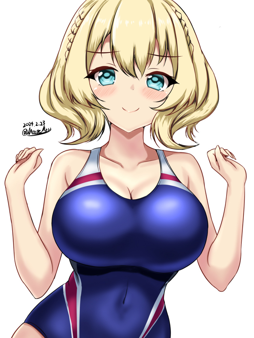 1girl blonde_hair blue_eyes blue_one-piece_swimsuit blush braid breasts colorado_(kancolle) competition_swimsuit covered_navel cowboy_shot dated hair_between_eyes highres kantai_collection large_breasts looking_at_viewer montemasa multicolored_clothes multicolored_swimsuit one-piece_swimsuit short_hair side_braids signature simple_background smile solo swimsuit twitter_username two-tone_swimsuit upper_body white_background