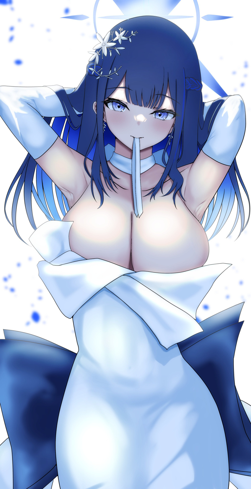 1girl absurdres armpits arms_behind_head arms_up bare_shoulders black_hair blue_archive blue_eyes breasts cleavage dress elbow_gloves gloves halo highres large_breasts long_hair looking_at_viewer mouth_hold nuts_(hazel-nuts) official_alternate_costume saori_(blue_archive) saori_(dress)_(blue_archive) solo white_dress