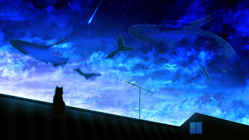 absurdres black_cat blue_sky blue_theme cat cloud comet dusk flying_whale highres hoshino_mizuki_(hoshino_263f) no_humans original radio_antenna rooftop scenery shooting_star sky star_(sky) starry_sky whale window