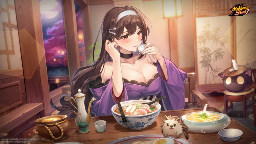 1girl architecture artist_request bowl breasts brown_eyes brown_hair chinese_spoon choko_(cup) cleavage cup east_asian_architecture food hairband hedgehog highres indoors japanese_clothes kimono large_breasts logo mahjong_soul mole mole_under_eye moon night nikaidou_miki noodles official_art official_wallpaper purple_kimono ramen sitting stool table teapot white_hairband