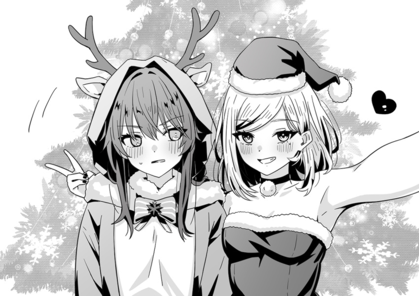 2girls animal_costume antlers armpits blush bow choker christmas christmas_tree commentary dress english_commentary greyscale hat heart horns izumi_shiho long_hair looking_at_another looking_at_viewer lwmina70119 medium_hair mizuguchi_aki mole mole_under_eye monochrome multiple_girls parted_lips reindeer_antlers reindeer_costume santa_hat sasayaku_you_ni_koi_wo_utau selfie smile strapless strapless_dress taking_picture upper_body yuri