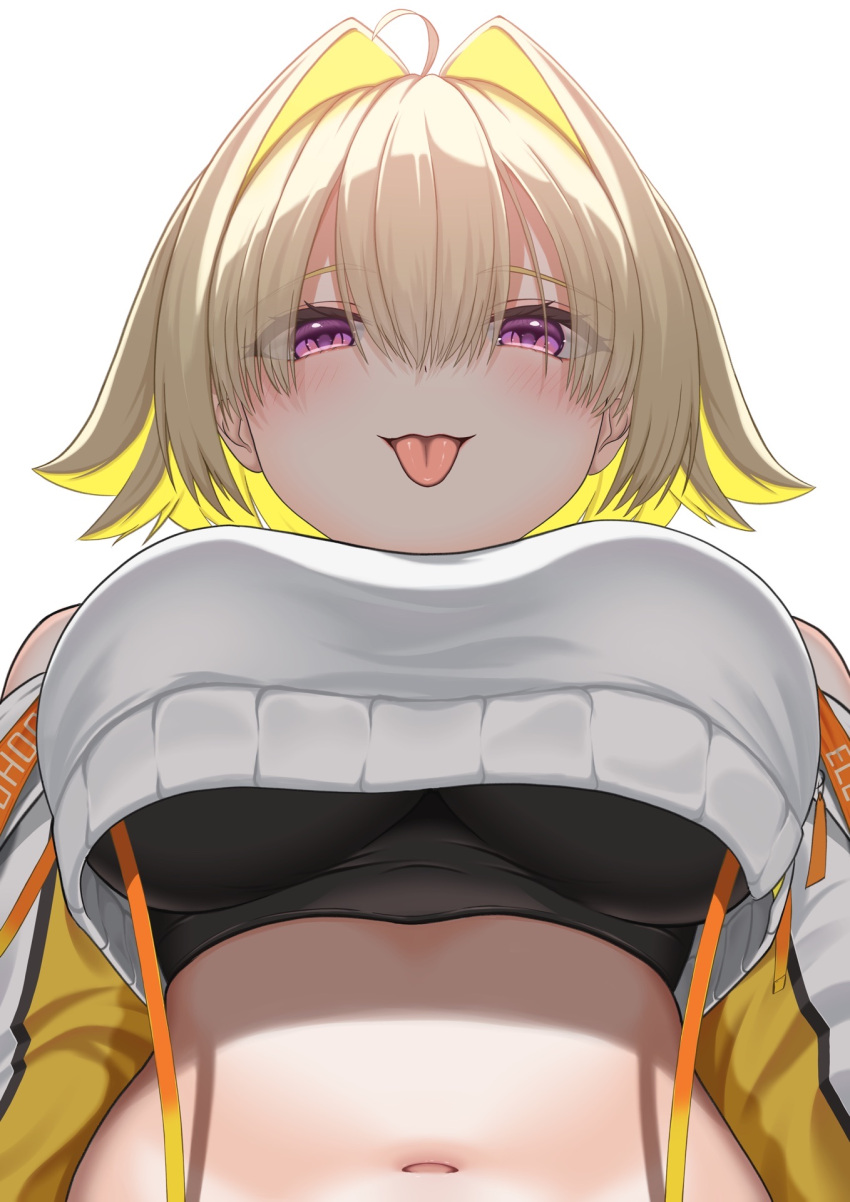 :3 ahoge breasts commentary_request elegg_(nikke) from_below goddess_of_victory:_nikke hair_intakes highres large_breasts long_sleeves looking_at_viewer medium_hair navel nishinokyo open_mouth purple_eyes simple_background smile tongue tongue_out white_background