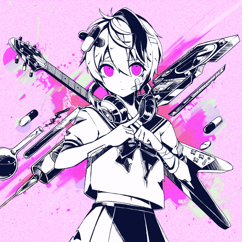 1girl album_cover bandaged_arm bandages bandaid bandaid_on_face boxcutter closed_mouth commentary cover cowboy_shot electric_guitar flask flower_(vocaloid) flower_(vocaloid4) gibson_flying_v greyscale_with_colored_background guitar headphones headphones_around_neck highres instrument looking_at_viewer midriff_peek monochrome multicolored_hair navel nou_(nounknown) official_art phonograph pill pill_hair_ornament pink_background pink_eyes pleated_skirt round-bottom_flask school_uniform serafuku short_hair short_sleeves skirt solo song_name spot_color streaked_hair syringe test_tube venom_(vocaloid) vocaloid x_fingers