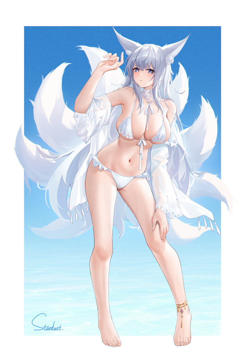 1girl absurdres animal_ear_fluff animal_ears anklet arm_up armpits azur_lane bare_shoulders barefoot between_breasts bikini blue_eyes breasts choker cleavage contrapposto fox_ears fox_girl fox_tail frilled_bikini frills front-tie_bikini_top front-tie_top full_body hand_on_own_knee highres jewelry kitsune kyuubi large_breasts long_hair looking_at_viewer multiple_tails navel off_shoulder official_alternate_costume open_clothes open_shirt parted_lips see-through shinano_(azur_lane) shinano_(dreamy_white_sands)_(azur_lane) shirt skindentation solo standing stardust_(chen'ai_weiding) stomach string_bikini swimsuit tail thighs very_long_hair wet white_bikini white_choker white_hair white_shirt