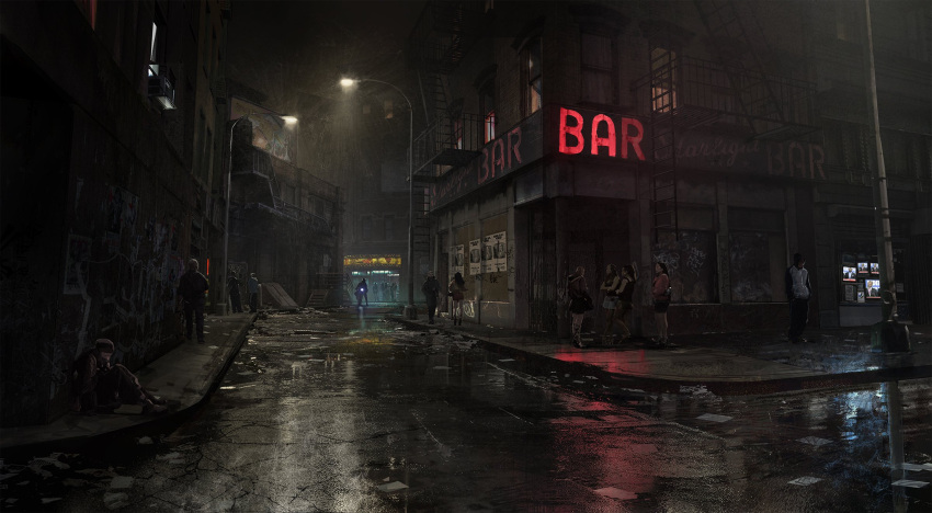 bar_(place) batman_(series) billboard brick_wall building city cracked_street dc_comics english_text fire_escape gotham graffiti highres joe_studzinski lamppost litter motor_vehicle motorcycle neon_lights night night_sky official_art on_floor outdoors people poster_(object) realistic red_lips sidewalk sitting sky standing television the_batman_(2022) urban wide_shot window