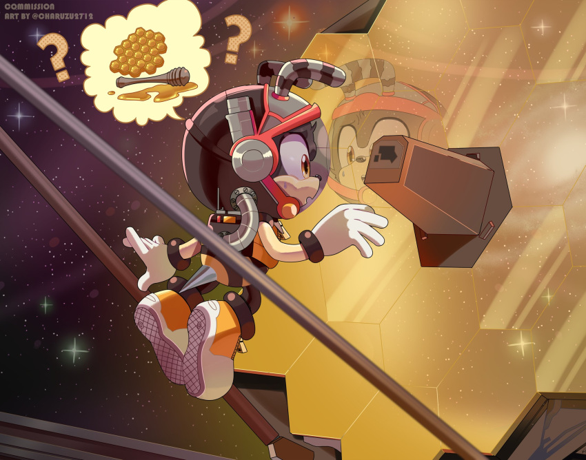 1boy ? alternate_costume antennae artist_name brown_eyes charmy_bee charuzu2712 english_text full_body furry furry_male gloves helmet highres honeycomb_(object) open_mouth reflection shoes solo sonic_(series) space space_helmet speech_bubble star_(sky) white_gloves
