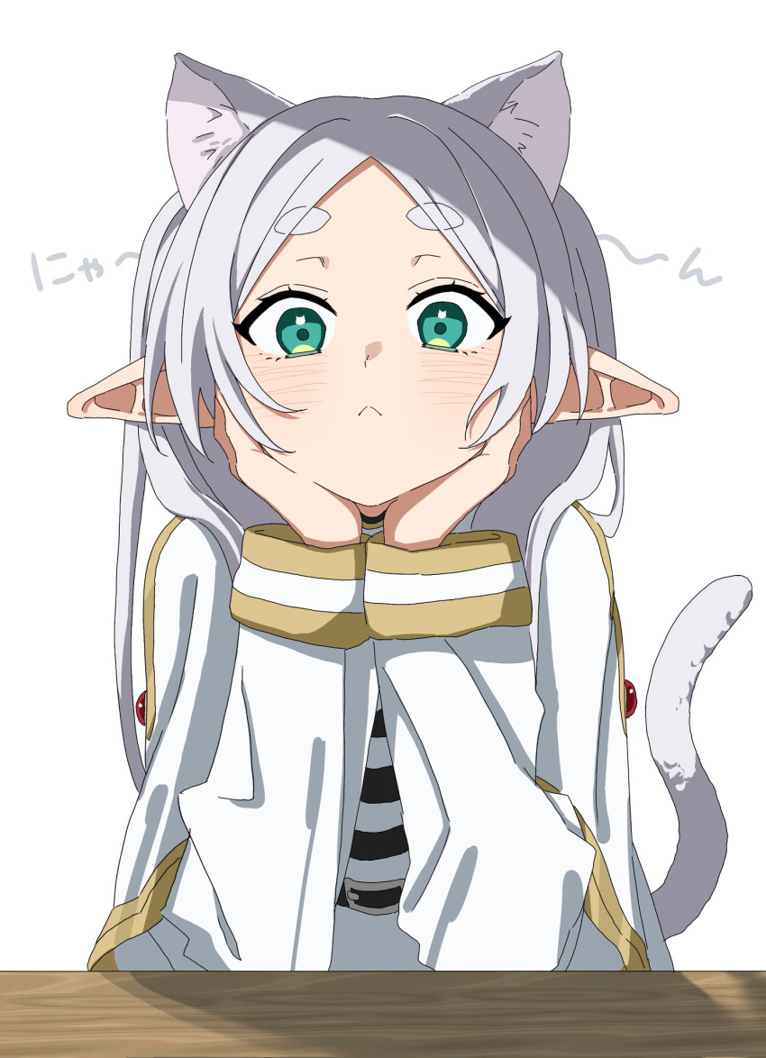 1girl animal_ears blunt_bangs cat_ears cat_girl cat_tail closed_mouth elf frieren green_eyes hands_on_own_chin head_rest highres hikentai0112 kemonomimi_mode long_hair long_sleeves looking_at_viewer parted_bangs pointy_ears solo sousou_no_frieren tail twintails white_hair