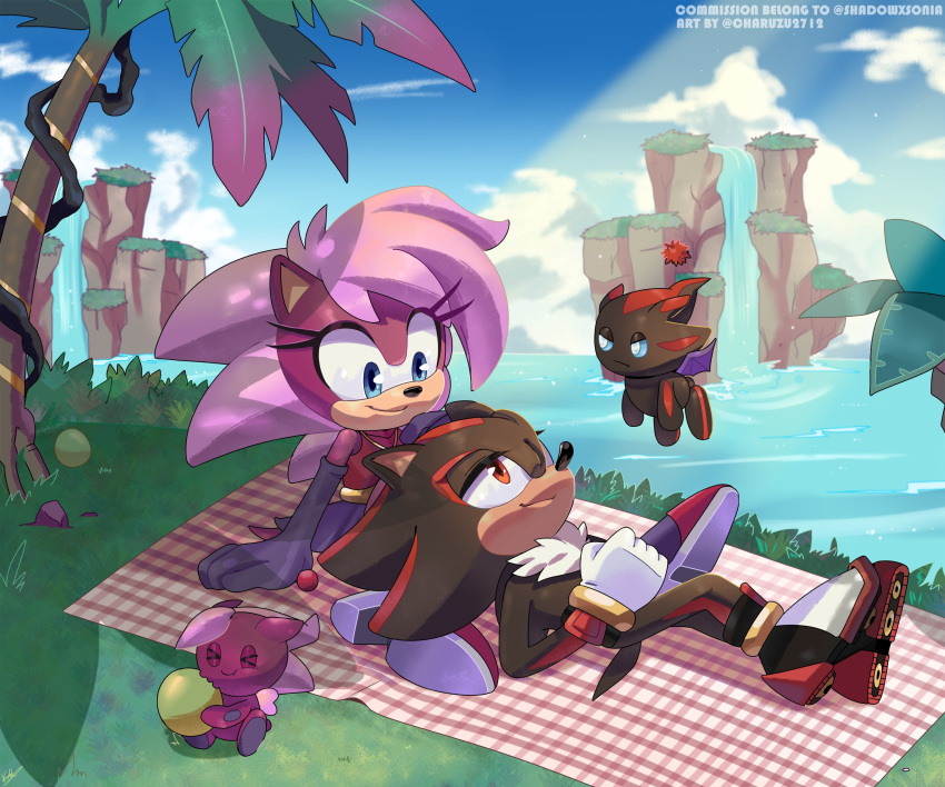 &gt;_&lt; 1boy 1girl 2others absurdres animal_ears artist_name black_fur blanket blue_eyes blue_sky chao_(sonic) charuzu2712 closed_eyes cloud dark_chao day elbow_gloves english_text food fruit furry furry_female furry_male gloves gold_bracelet grass highres holding holding_food holding_fruit jewelry lap_pillow looking_at_another multiple_others necklace outdoors palm_tree pink_fur purple_gloves purple_hair purple_skirt red_eyes red_fur red_shirt shadow_the_hedgehog shirt shoes skirt sky sleeveless sleeveless_shirt sonia_the_hedgehog sonic_(series) tree water watermark white_gloves