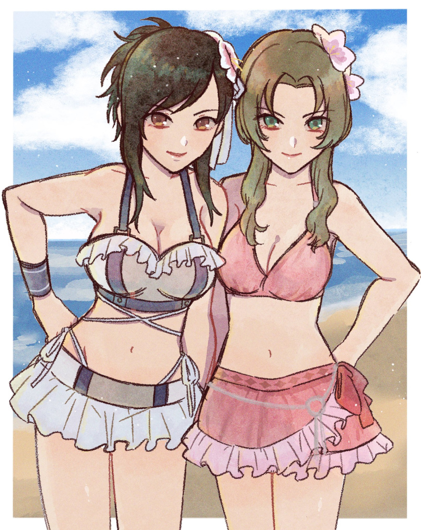 2girls aerith_gainsborough beach bikini bikini_skirt black_hair breasts brown_eyes brown_hair final_fantasy final_fantasy_vii final_fantasy_vii_rebirth final_fantasy_vii_remake flower green_eyes hair_flower hair_ornament hand_on_own_hip highres large_breasts medium_breasts multiple_girls navel ocean official_alternate_costume official_alternate_hairstyle parted_bangs pink_bikini rena_s1226 smile stomach swept_bangs swimsuit tifa_lockhart wristband