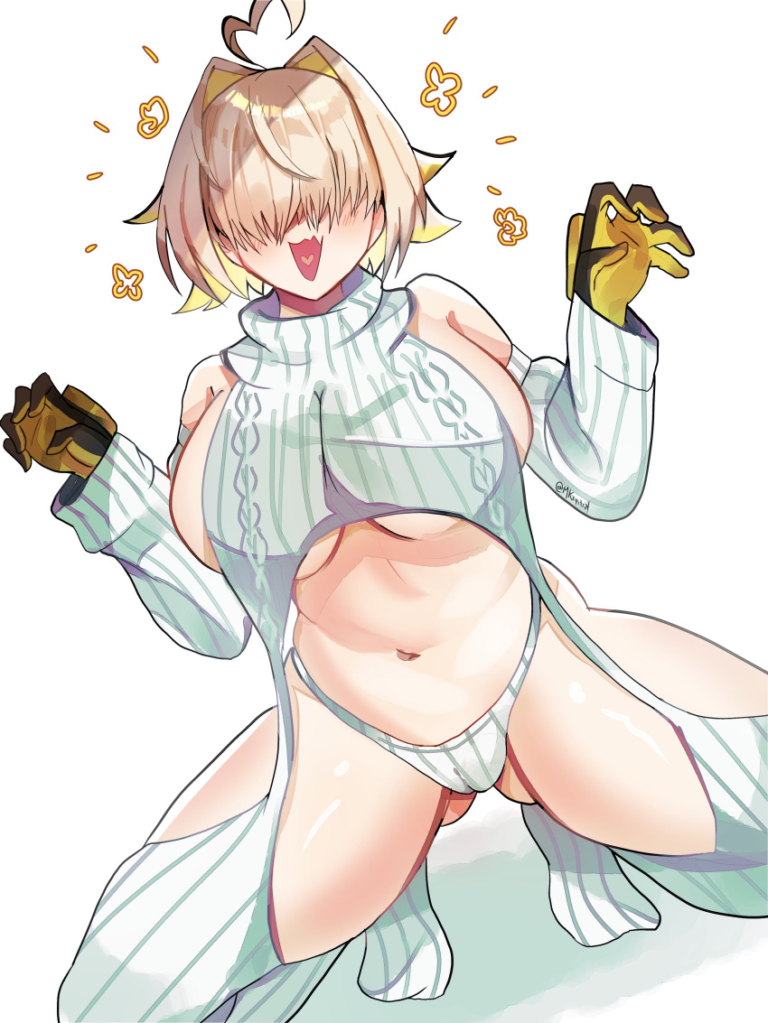 1girl absurdres ahoge alternate_costume ass_visible_through_thighs black_gloves blonde_hair blush breasts cable_knit commentary detached_sleeves dutch_angle elegg_(nikke) english_commentary full_body garter_straps gloves goddess_of_victory:_nikke hair_between_eyes hair_intakes hair_over_eyes heart heart_ahoge heart_in_mouth highres huge_breasts krystial_(vtuber)_(artist) long_bangs meme_attire navel open_mouth panties short_hair simple_background solo squatting striped_clothes striped_panties striped_thighhighs thighhighs two-tone_gloves underwear vertical-striped_clothes vertical-striped_sleeves vertical-striped_sweater vertical-striped_thighhighs virgin_destroyer_sweater white_background white_panties yellow_gloves