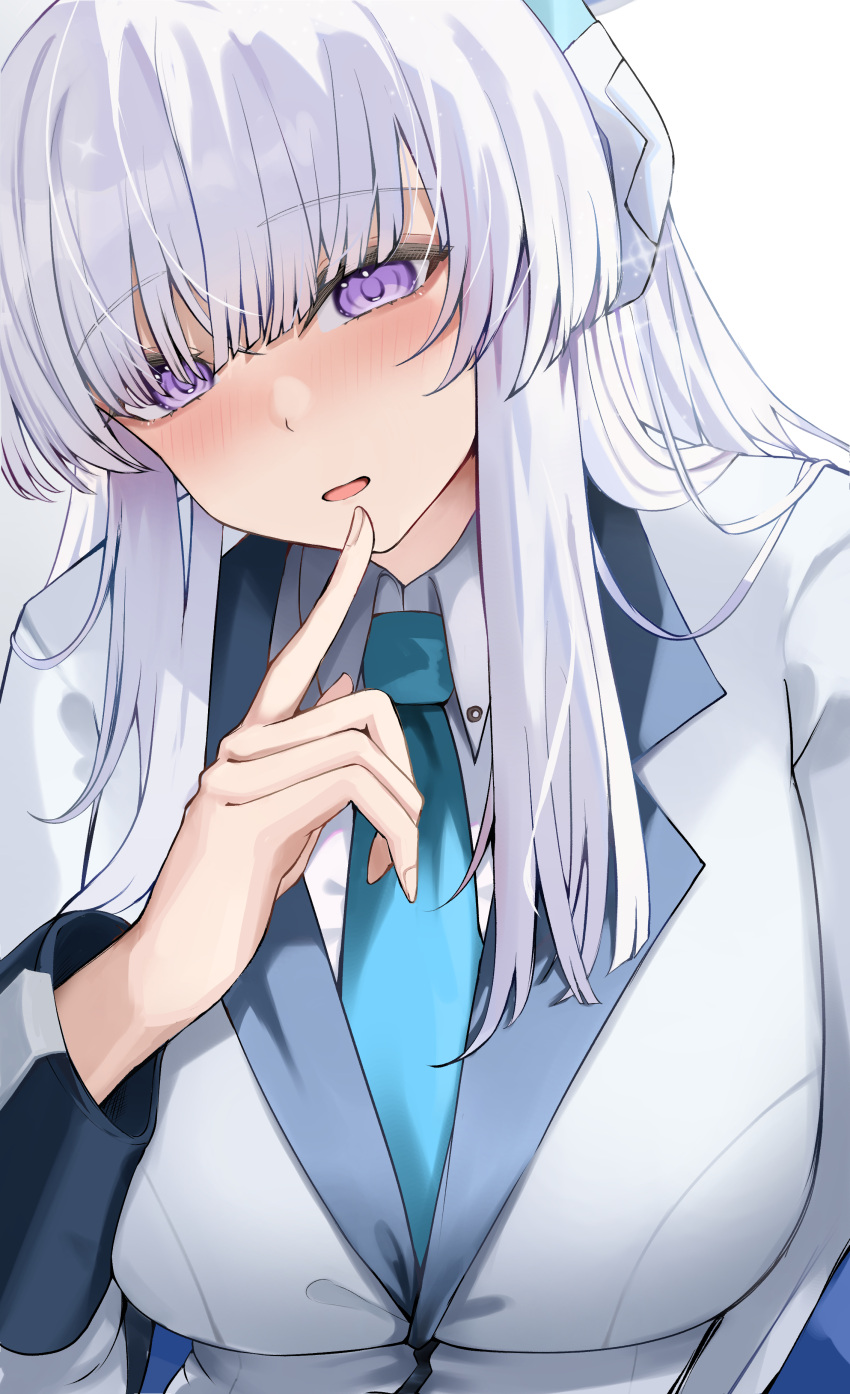 1girl absurdres blue_archive blue_necktie blush breasts collared_shirt fingernails grey_hair highres jacket large_breasts long_hair long_sleeves looking_at_viewer necktie noa_(blue_archive) open_clothes open_jacket open_mouth purple_eyes san_(harutuki_3) shirt simple_background solo two-sided_fabric two-sided_jacket upper_body white_background white_jacket white_shirt