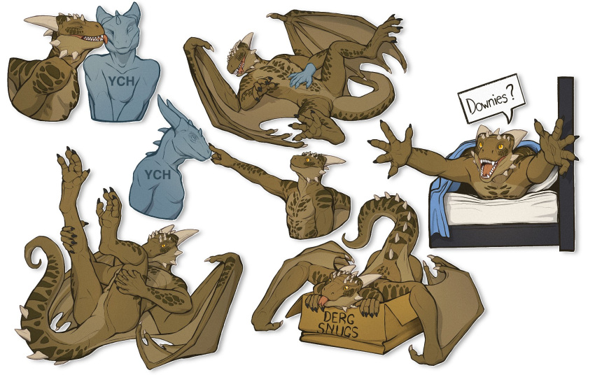 anthro arm_markings bed blep boop brown_body brown_wings cheek_spikes chest_markings dragon duo facial_markings facial_spikes featureless_crotch furniture head_markings hi_res horn khyaber legs_up licking licking_another lying male markings multiple_images mythological_creature mythological_scalie mythology nose_boop nude on_back on_bed red_tongue scalie simple_background solo spiked_tail spikes spikes_(anatomy) tail tail_markings tan_horn tongue tongue_out white_background wings ych_(character) yellow_eyes