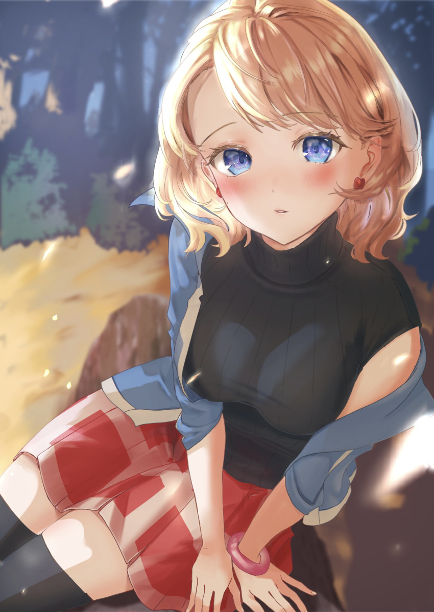 1girl black_sweater_vest black_thighhighs blonde_hair blue_eyes blue_jacket blush bracelet breasts buffalo_man_(2525bison) commentary_request day earrings eyelashes highres jacket jewelry looking_at_viewer medium_hair outdoors parted_lips pokemon pokemon_(anime) pokemon_journeys red_skirt serena_(pokemon) single_off_shoulder sitting sitting_on_log skirt solo sweater_vest thighhighs