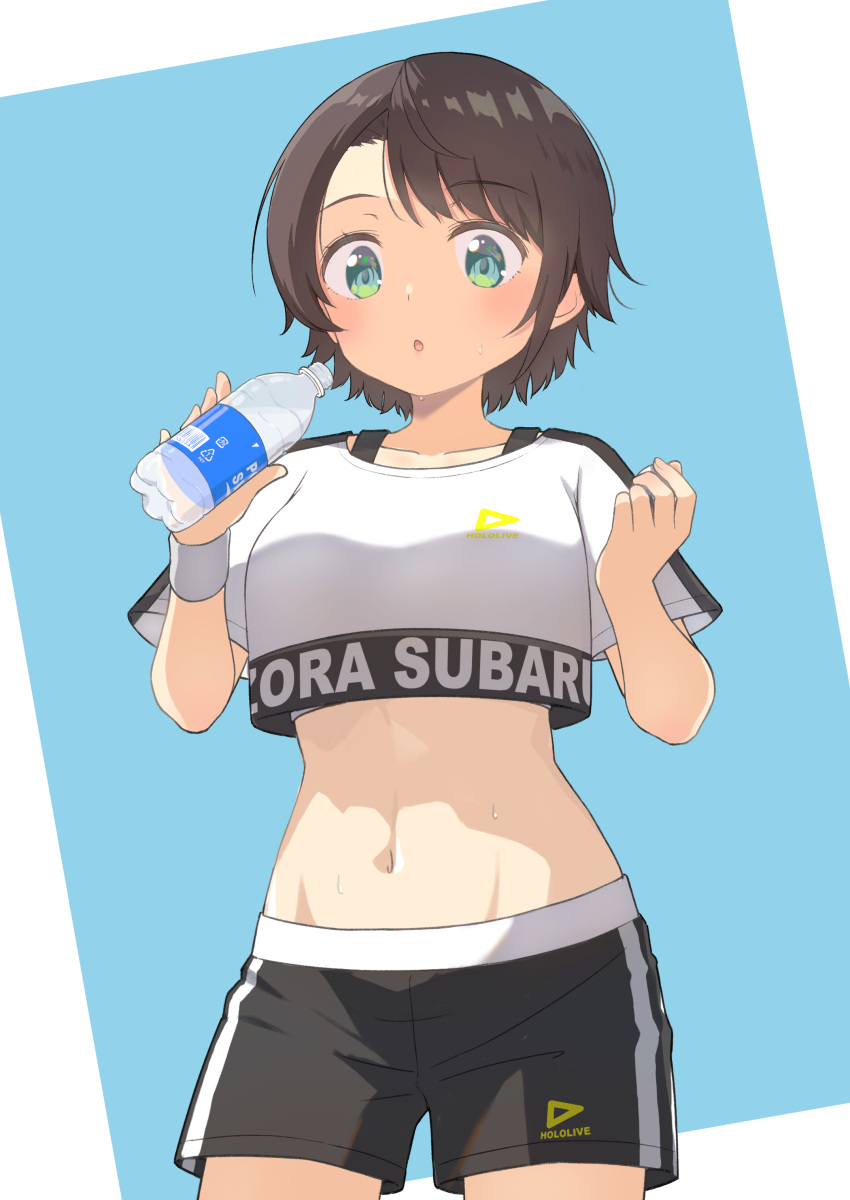 1girl absurdres black_shorts blue_eyes blush bottle breasts brown_hair character_name crop_top furuneo10 highres holding holding_bottle hololive hololive_dance_practice_uniform looking_at_viewer medium_breasts navel official_alternate_costume oozora_subaru revision shirt short_hair short_shorts shorts simple_background solo stomach virtual_youtuber water_bottle white_shirt