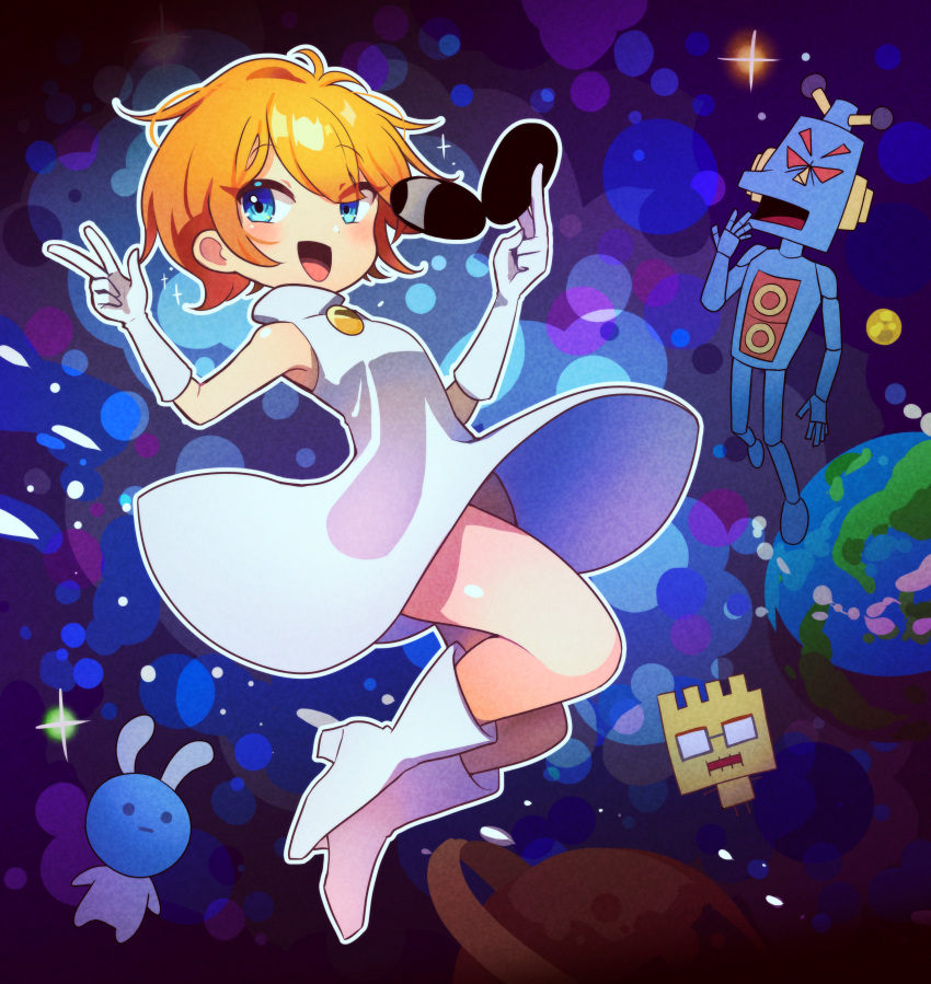 1girl 2boys absurdres alien_bunny_(warioware) blue_eyes dress earth_(planet) fronk gloves highres holding holding_removed_eyewear mike_(warioware) multiple_boys offbeat open_mouth orange_hair orbulon planet robot short_hair space sunglasses unworn_eyewear v warioware white_dress white_footwear white_gloves