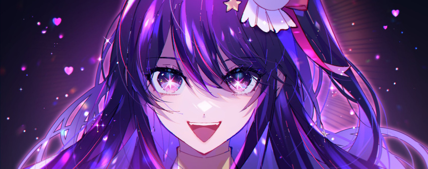 1girl :d close-up english_commentary floating_hair glowing hair_between_eyes hair_ornament heart highres hoshino_ai_(oshi_no_ko) long_hair looking_at_viewer multicolored_hair namiey one_side_up open_mouth oshi_no_ko pink_hair portrait purple_eyes purple_hair smile solo sparkle star-shaped_pupils star_(symbol) star_hair_ornament straight-on streaked_hair symbol-shaped_pupils teeth upper_teeth_only