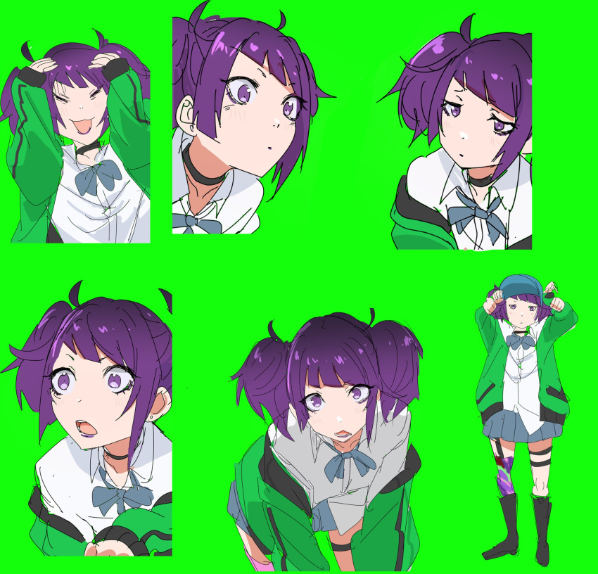 1girl blush diagonal_bangs expression_chart green_background hat highres idolmaster idolmaster_shiny_colors jacket looking_at_viewer multiple_views ogasawara open_mouth pleated_skirt purple_eyes purple_hair purple_lips school_uniform simple_background skirt tanaka_mamimi twintails