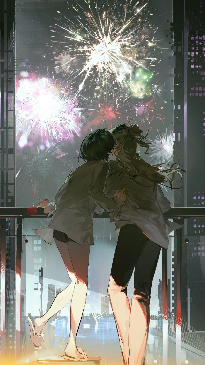 2girls absurdres aerial_fireworks after_kiss black_hair black_panties black_pants blonde_hair building chinese_new_year facing_away fireworks hair_bun hand_on_another's_hip hand_on_railing highres jacket light_particles long_hair long_sleeves multiple_girls nemuiz new_year night original outdoors panties pants pantyshot railing short_hair skyscraper slippers standing tall tall_female underwear white_jacket yuri