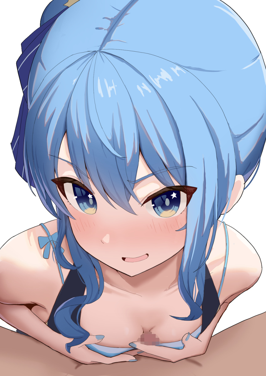 1boy 1girl bikini blue_bikini blue_eyes blue_hair blue_nails blush breasts censored commentary_request highres hololive hololive_summer_2023_swimsuit hoshimachi_suisei long_hair looking_at_viewer mosaic_censoring nail_polish naizuri official_alternate_costume open_mouth paizuri paizuri_under_clothes shoreen54 small_breasts smile star_(symbol) star_in_eye swimsuit symbol_in_eye virtual_youtuber white_background