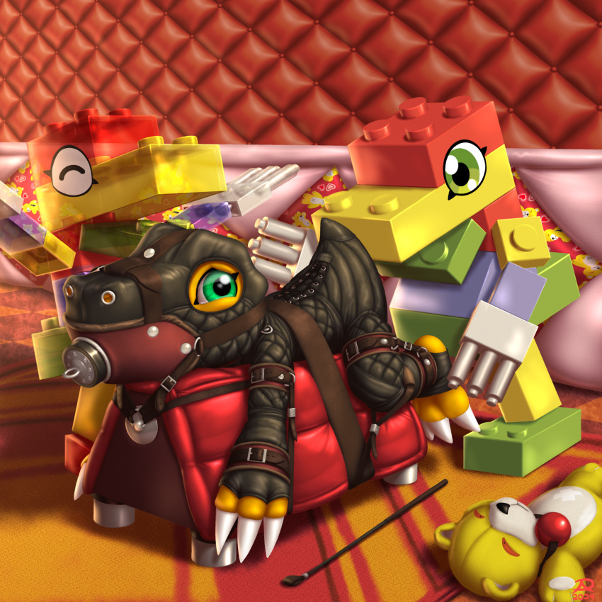 agumon ambiguous_gender bandai_namco bdsm bondage bondage_furniture bondage_gear bound clearagumon cuff_(restraint) digimon digimon_(species) dinosaur gag gimp_mask gimp_suit group hi_res humanoid leather mask monzaemon muzzle_(object) muzzled padded_room plushie radasus reptile restraints scalie toy toyagumon trio