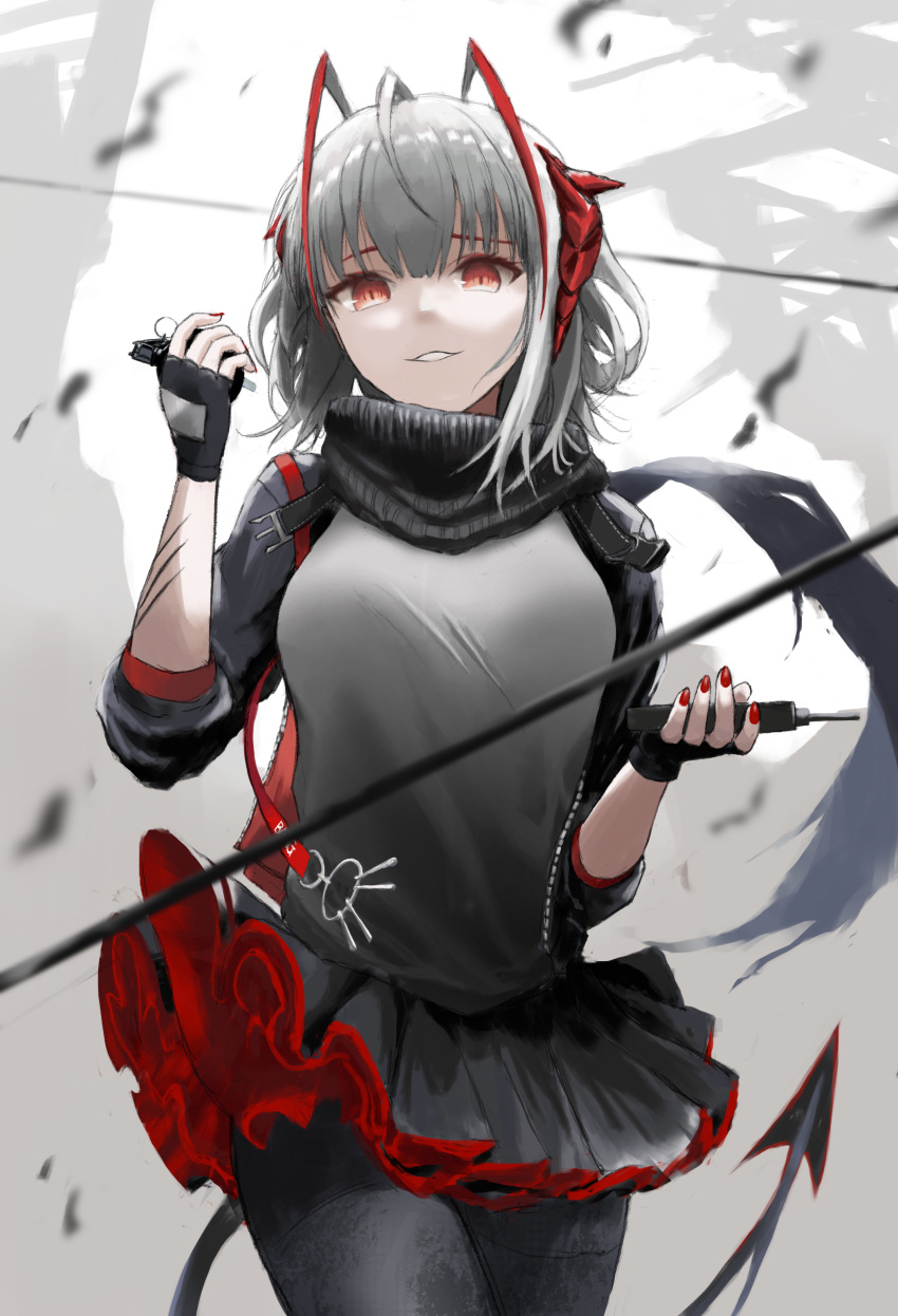 1girl absurdres arknights black_gloves black_jacket black_pantyhose breasts demon_horns detonator fingerless_gloves gloves grey_hair highres horns jacket looking_at_viewer open_clothes open_jacket pantyhose shirata98 shirt short_hair skirt smile solo tail w_(arknights)