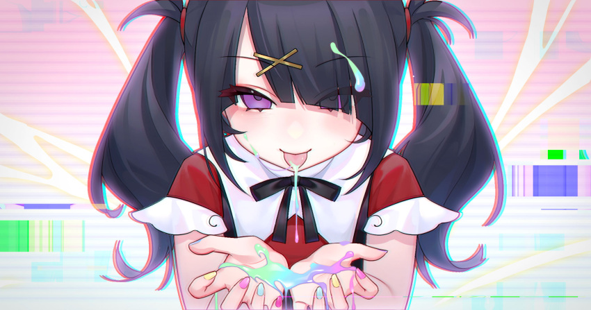 1girl black_hair blunt_bangs eyes_visible_through_hair glitch hair_ornament hairclip highres long_hair looking_at_viewer multicolored_nails nail_polish neck_ribbon needy_girl_overdose okitanation purple_eyes ribbon short_sleeves smile solo tongue tongue_out twintails vomiting_rainbows x_hair_ornament