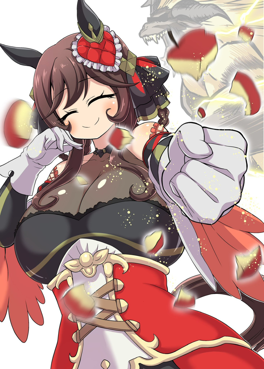 1girl animal_ears apple bare_shoulders black_sleeves bodystocking breasts brown_hair cleavage closed_mouth collarbone delraich66 detached_sleeves dress ear_covers ear_ornament food fruit gentildonna_(umamusume) gloves hair_between_eyes hair_ornament heart_ear_ornament highres holding horse_ears horse_girl horse_tail large_breasts long_sleeves medium_hair red_apple red_dress see-through see-through_cleavage simple_background smile solo standing tail umamusume upper_body white_background white_gloves