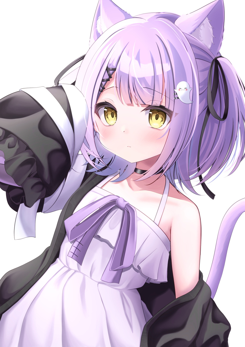 1girl absurdres animal_ear_fluff animal_ears arm_up black_choker black_jacket cat_ears cat_girl cat_tail choker dress ghost_hair_ornament halter_dress halterneck highres jacket long_sleeves looking_at_viewer natsuk1tom off_shoulder open_clothes open_jacket purple_hair shinomiya_runa short_hair sleeves_past_fingers sleeves_past_wrists tail virtual_youtuber vspo! white_dress yellow_eyes