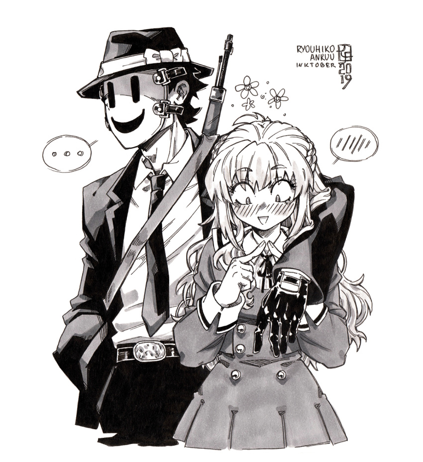 ... 1boy 1girl arm_around_shoulder artist_name belt_buckle buckle collared_shirt cowboy_shot dress fedora gloves greyscale gun hat hetero highres inktober jacket long_sleeves mask monochrome neck_ribbon necktie pants ribbon rifle ryouhiko_ankuu shinzaki_kuon shirt shirt_tucked_in simple_background sniper_mask_(tenkuu_shinpan) spoken_blush spoken_ellipsis tenkuu_shinpan traditional_media weapon weapon_on_back