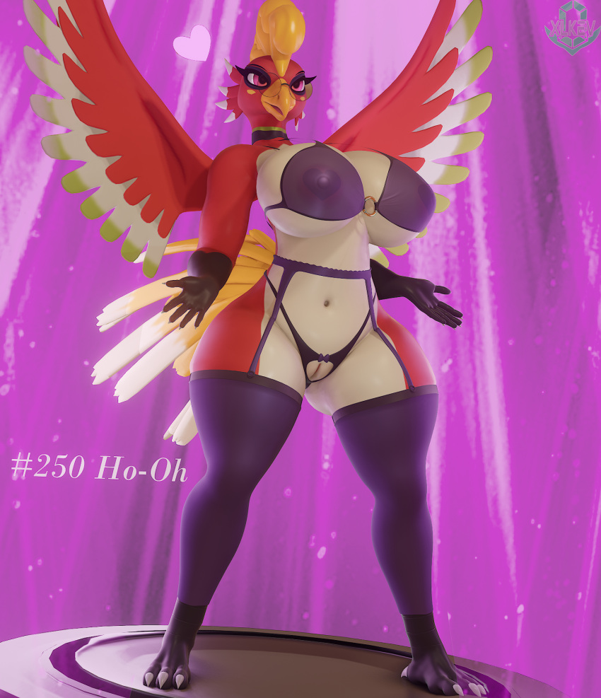 3d_(artwork) anthro big_breasts biped bra breasts clothing crotchless_clothing crotchless_panties crotchless_underwear digital_media_(artwork) feathers female garter_belt garter_straps generation_2_pokemon genitals hi_res ho-oh huge_breasts legendary_pokemon legwear navel nintendo panties pokemon pokemon_(species) pussy red_body red_feathers solo thick_thighs thigh_highs underwear xlkev